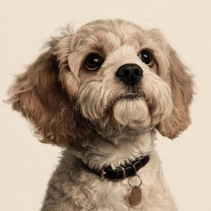 May include: A portrait of a small dog with wavy, light brown and cream-colored fur. The dog has large, dark, expressive eyes, a black nose, and floppy ears. It wears a dark brown leather collar with a small, round, metallic identification tag.