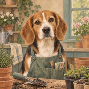 May include: A beagle dog wearing a sage green canvas apron with front pockets containing small gardening tools. The dog has brown, black, and white fur and is positioned behind a wooden table with soil, a metal trowel, and plant pots.