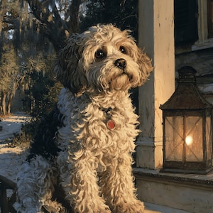 May include: A small, curly-haired dog with white, tan, and black fur sits on a porch. The dog wears a dark collar with a round red tag. Beside the dog, a metal lantern with a glowing light sits on the wooden floorboards of the porch.