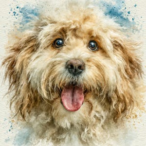 May include: A watercolor-style illustration of a fluffy, light brown dog with shaggy fur, dark expressive eyes, and a black nose. The dog has its mouth open with a pink tongue visible, set against a textured background with blue paint splatters.