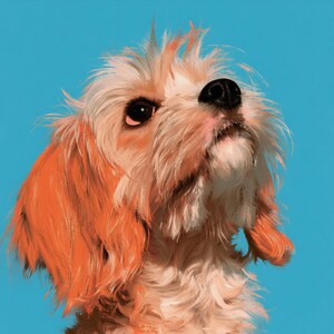 May include: A digital illustration of a small, shaggy dog with light brown and white fur, featuring long, floppy ears and a black nose. The dog is looking upward with large, dark eyes against a solid, bright cyan blue background.