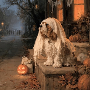 May include: A brown and white Cavalier King Charles Spaniel dog sits on stone steps, wearing a white fabric ghost costume over its head. A glowing orange jack-o'-lantern sits on the ground nearby, surrounded by fallen autumn leaves and pumpkins.