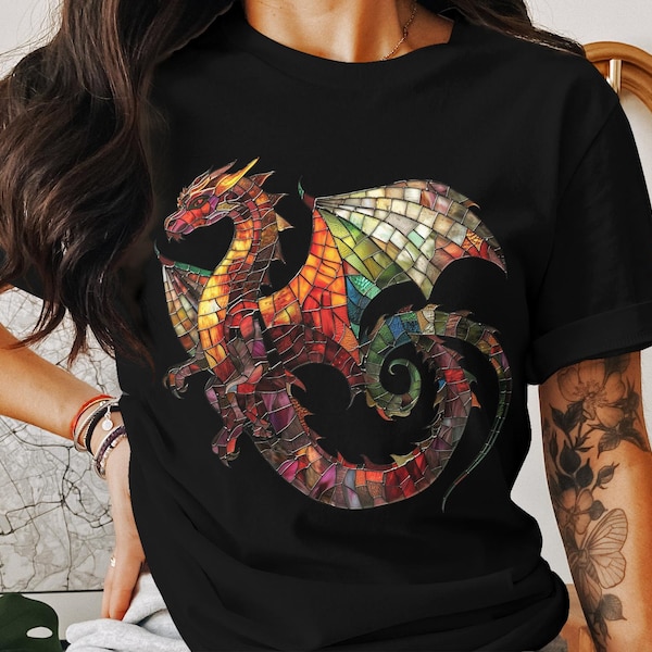 Vibrant Stained Glass Dragon T-Shirt, Colorful Fantasy Art Tee, Unisex Mythical Creature Shirt, Gift for Dragon Lovers