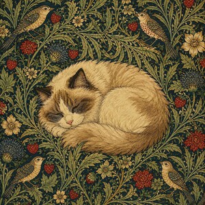 May include: A fluffy, cream and brown cat curled in a sleeping position, centered against a dark green background featuring a dense pattern of intertwined leaves, red strawberries, small yellow flowers, and four birds perched in the corners.