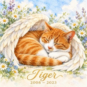 May include: A watercolor illustration of an orange and white tabby cat sleeping curled up inside large white feathered wings. The cat is surrounded by daisies and blue flowers under a blue sky. The text reads Tiger 2008 - 2023.
