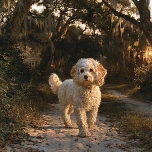 May include: A small, curly-haired dog with a white and light tan coat stands on a dirt path. The dog has floppy ears, dark eyes, and a small dark nose. It is positioned in a wooded area with trees draped in hanging moss during the golden hour.