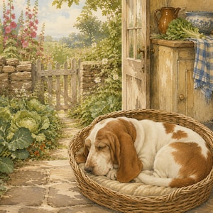 May include: A brown and white Basset Hound sleeping in a round woven wicker basket bed. The dog is curled up on a beige cushion. The scene is set on a stone patio near a wooden door, with a garden featuring green cabbages and pink flowers.