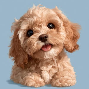 May include: A fluffy light brown puppy with curly fur, large dark eyes, and a small dark nose. The puppy has its mouth slightly open with its pink tongue visible, looking directly forward with a cheerful expression against a solid blue background.