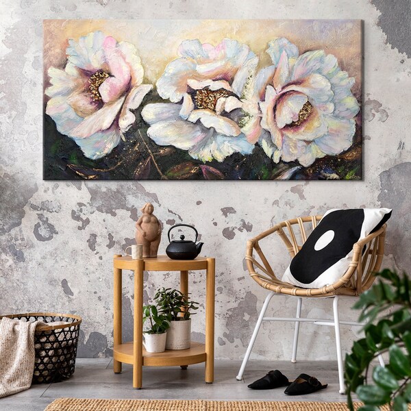 Peinture acrylique originale avec motif floral luxuriant « Pivoines » - Oeuvre d'art peinte à la main, décoration de salon artistique, cadeau de mariage attentionné