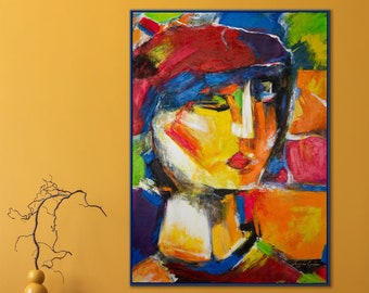 Regalo del Día de la Madre, Arte de pared grande enmarcado "Imagen llamativa", Retrato abstracto, Regalo único de mamá, Arte del amor de la madre, Obras de arte pintadas a mano