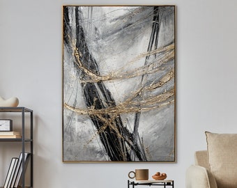 Dipinto astratto incorniciato su tela "Tocco dorato" - Elegante accento grigio per la casa, arte da parete per ufficio, regalo di compleanno sofisticato