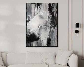 Pintura abstracta "Reflejos contrastantes" - Impresionantes obras de arte pintadas a mano en blanco y negro, decoración moderna del hogar, regalo único de inauguración de la casa