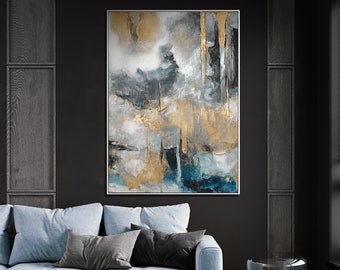 Pintura de lienzo acrílico enmarcada "Armonía dorada" - Arte moderno de la pared, pieza decorativa de la sala de estar, regalo de boda ideal