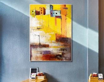 Abstract stadsgezicht ingelijste kunst "Stad van abstracties", warm geel en oranje palet, modern huisdecor, uniek housewarming cadeau