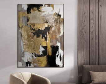 Abstract schilderij "Gouden fragmenten", ingelijst modern decor, gouden getextureerde canvas kunst, uniek housewarming cadeau