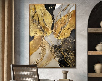 Origineel getextureerd acrylschilderij "Gouden ritme", ingelijste gouden textuurkunst, ideaal voor verfijnd huisdecor, kunstverzamelaarcadeau