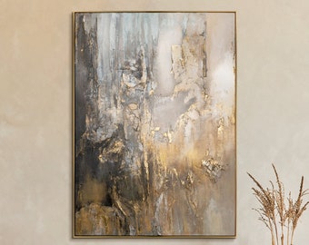 Abstract schilderij op canvas "Gouden horizon" - Getextureerd statement stuk, hedendaagse muurkunst, elegant kantoordecor, artistiek huwelijkscadeau