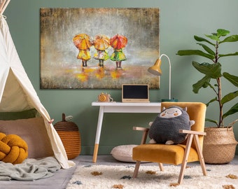 Acrylgemälde ""Sommerregen"" - Kinderzimmer Leinwand Wandbild, perfektes Geschenk für Kinderzimmer, handgemalte Leinwand Wanddekoration."