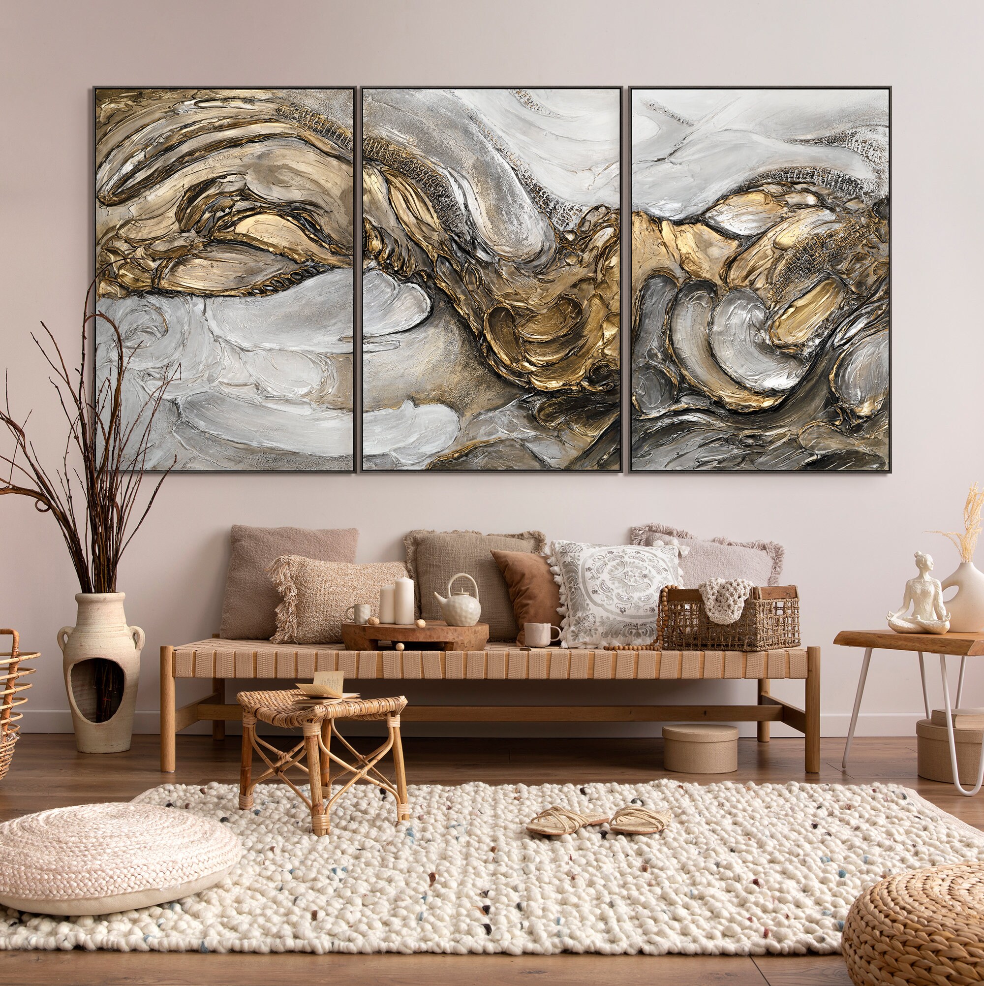 Framed Wall Art Set of 3 Paintings Canvas tsunami Hand Painted Triptych
