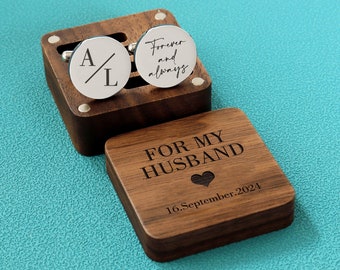 Metal Cufflinks - Engraved Box Optional, Custom Wedding Day Cuff links for Groom Dad Father of the Bride, Wood Anniversary Gift for Husband