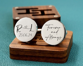 Metal Cufflinks - Engraved Box Optional, Custom Wedding Day Cuff links for Groom Dad Father of the Bride, Wood Anniversary Gift for Husband