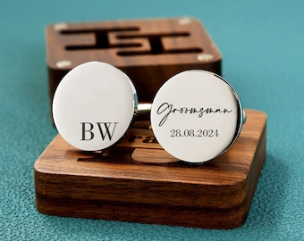 Boutons de manchette personnalisés, cadeaux de garçons d'honneur, boutons de manchette en métal avec boîte en bois, boutons de manchette personnalisés le jour du mariage, cadeau pour mari