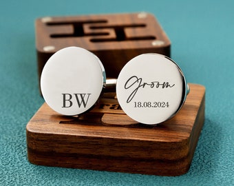 Boutons de manchette personnalisés, boîte gravée en option, boutons de manchette personnalisés le jour du mariage pour le marié, papa, père de la mariée, cadeau d'anniversaire pour mari