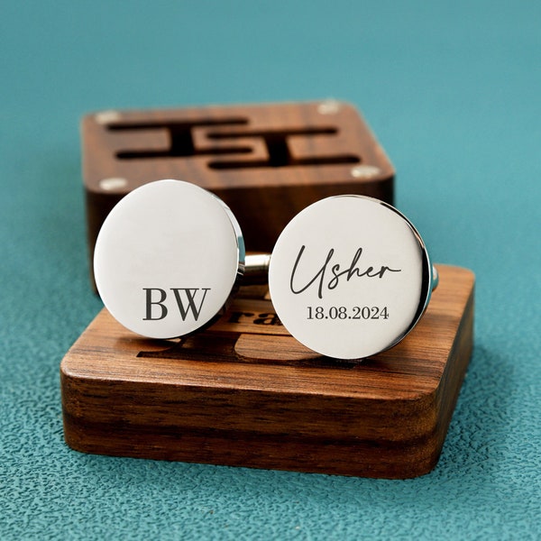 Regalo de gemelos de padrinos de boda personalizados, caja grabada opcional, gemelos personalizados del día de la boda para los novios acomodadores hombre padrino, regalo para el marido