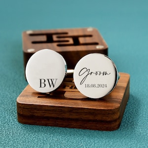 Boutons de manchette personnalisés, boîte gravée en option, boutons de manchette personnalisés le jour du mariage pour le marié, papa, père de la mariée, cadeau d'anniversaire pour mari Round Silver -20mm