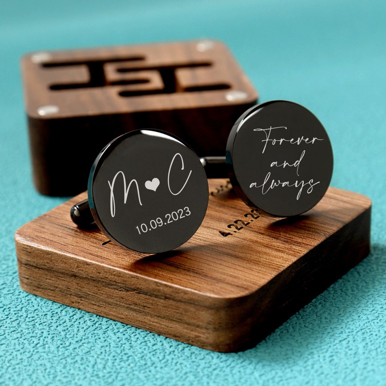 Boutons de manchette personnalisés, boîte gravée en option, boutons de manchette personnalisés le jour du mariage pour le marié, papa, père de la mariée, cadeau d'anniversaire pour mari Round Black -20mm