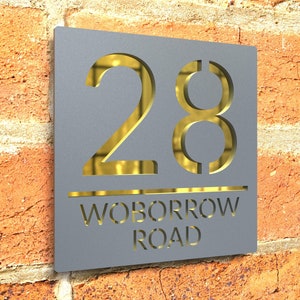 Modern Grey door numbers, With Gold mirror floating door sign, custom address signage