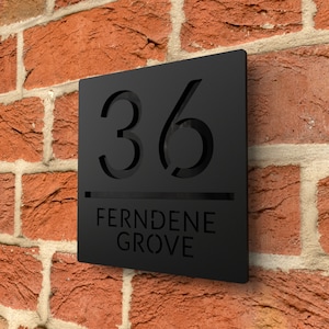 Laser Cut House Signs Numbers Matt Black Acrylic Plaque With Gloss Black Backplate - Personalised
