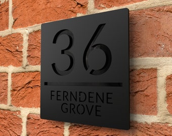 Laser Cut House Signs Numbers Matt Black Acrylic Plaque With Gloss Black Backplate - Personalised