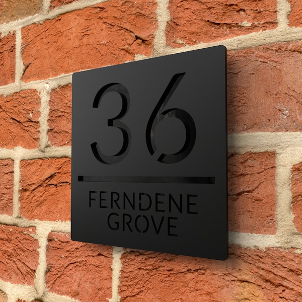 Laser Cut House Signs Numbers Matt Black Acrylic Plaque With Gloss Black Backplate - Personalised