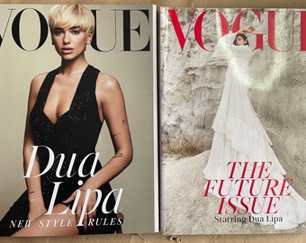 Two British Vogue magazines uk with singer Dua Lipa on the cover. British Vogue UK, January 2019, February 2021