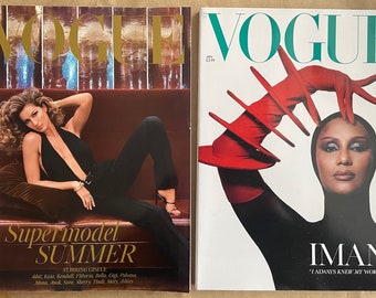 Two British Vogue magazines uk with supermodels Iman and Gisele on the cover. British Vogue UK, January 2023, June 2022