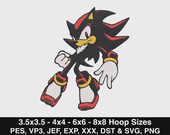 Shadow the Hedgehog Embroidery Design, Shadow Sonic Embroidery, Sonic Embroidery, Sonic the Hedgehog,4 Sizes,Pes,Vp3,Jef,Exp,Xxx,Dst,Svg,Png