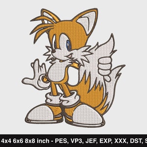 Miles &quot;Tails&quot; Prower Embroidery Design - Sonic -  3x3 4x4 6x6 8x8 sizes -Pes, Vp3, Jef, Exp, Xxx, Dst -Commercial  Use -Instant Download