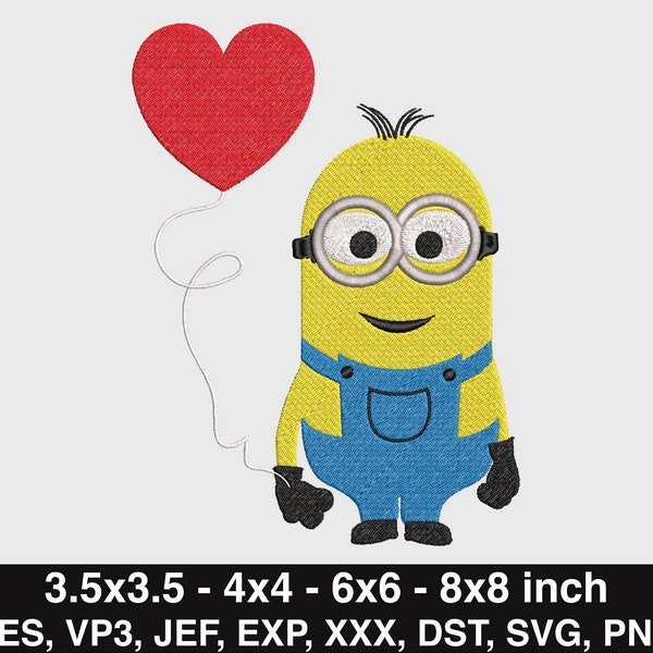 Minion Heart Embroidery Design - Minion Embroidery - 4 sizes - Pes, Vp3, Jef, Exp, Xxx, Dst, Svg, Png - Commercial Use - Instant Download