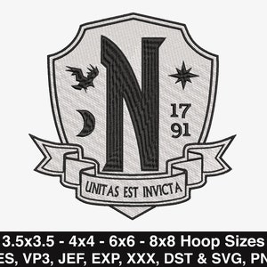 May include: A black and white embroidered design of a shield with a large letter N, a crescent moon, a star, and a bird. The shield has a banner with the text "UNITAS EST INVICTA".