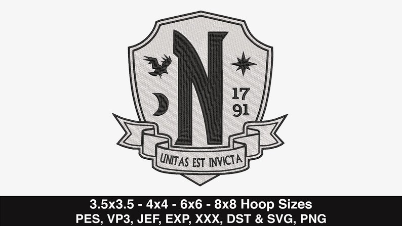 May include: A black and white embroidered design of a shield with a large letter N, a crescent moon, a star, and a bird. The shield has a banner with the text "UNITAS EST INVICTA".