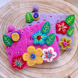 Handmade Felt Flower Purse Pouch Felt Coin Embroidered Purse Handmade gift for her (Purple sold out)