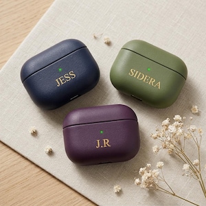 Personalized Engraved Leather AirPods Case – Custom Embossed Initial, Monogram Gift for Her | Navy Green Purple