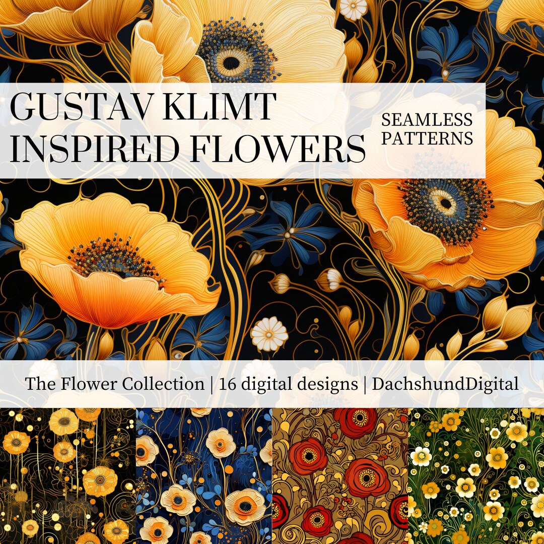 Gustav Klimt Inspired Flowers Seamless Patterns Papers Digital Download ...