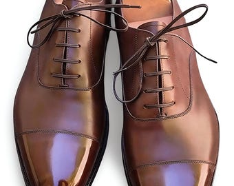 Chaussures habillées de bureau en cuir véritable marron faites main à lacets pour hommes