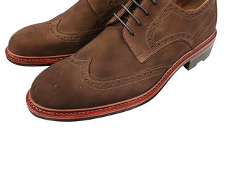 Handmade Brown Suede Leather Derby Lace Up Wingtip Casual Office Dress Formal Shoes For Men