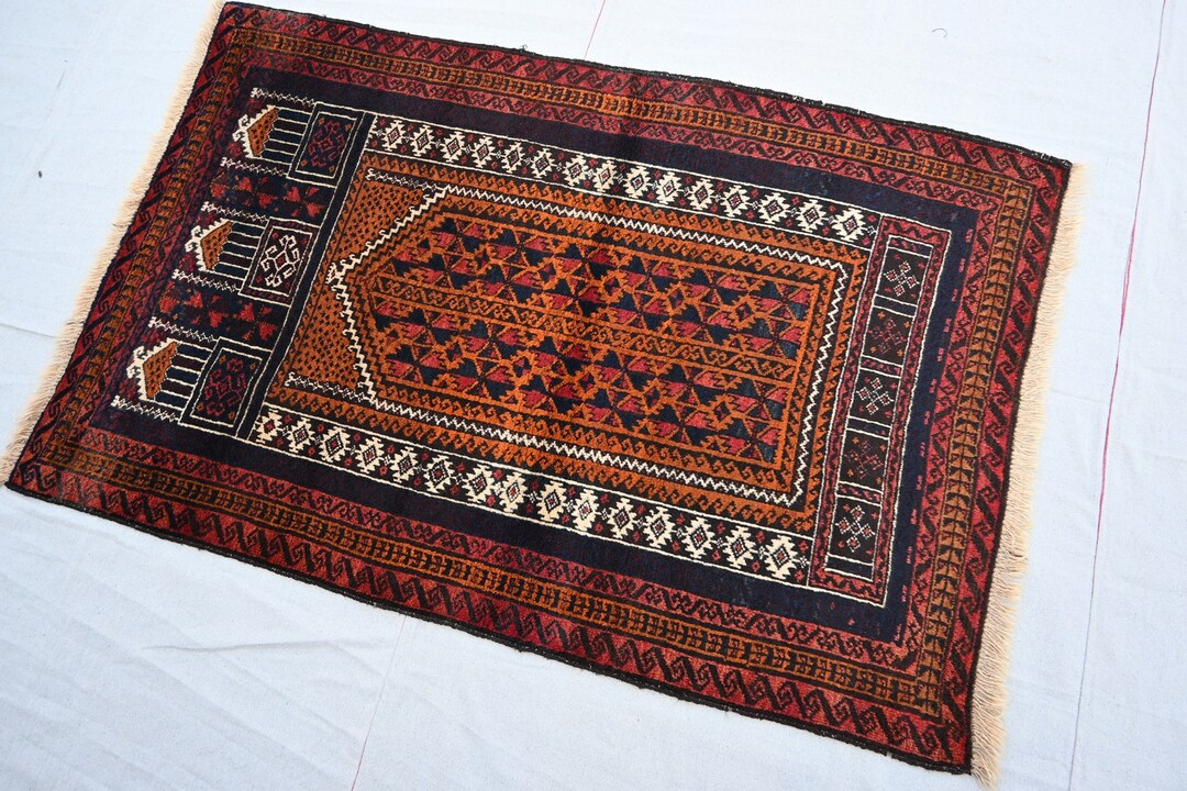 3'1x4'7 Ft Vintage Hand Knotted Baluch Prayer Rug, Small Rug for Kids