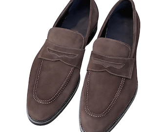 Handmade Brown Suede Leather Slip On Dress Office Loafers Formal Shoes For Men