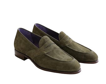 Mocasines sin cordones de piel de ante verde hechos a mano, zapatos formales de vestir para la oficina para hombre