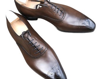 Ręcznie robione brązowe, skórzane, sznurowane buty typu brogue oxford do biura i na formalne okazje dla mężczyzn